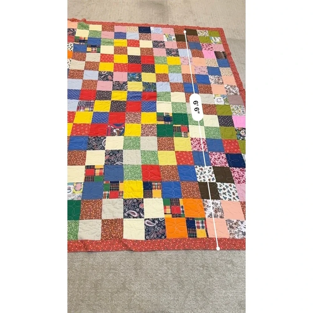 Handmade Patchwork Quilt Vintage Multi Color Scrap Block Red Floral Border 71x78